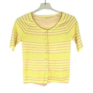 Moth Anthropologie S Neon Yellow Striped Sweater Short Sleeve Full Front Button